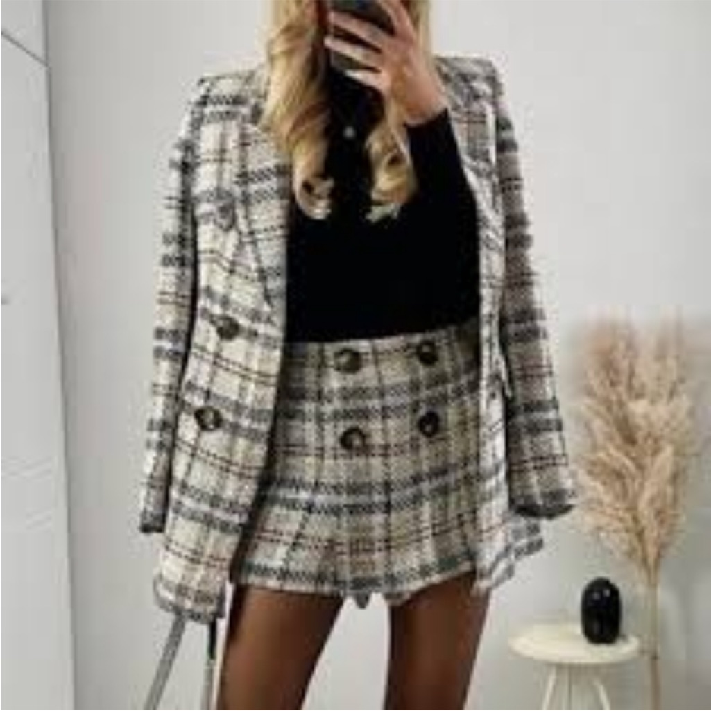 Zara Plaid Tweed Blazer And Skort Set